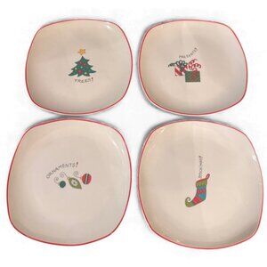 FITZ & FLOYD Gourmet HAPPY HOLIDAYS Set of 4 Christmas Square Canape Plates